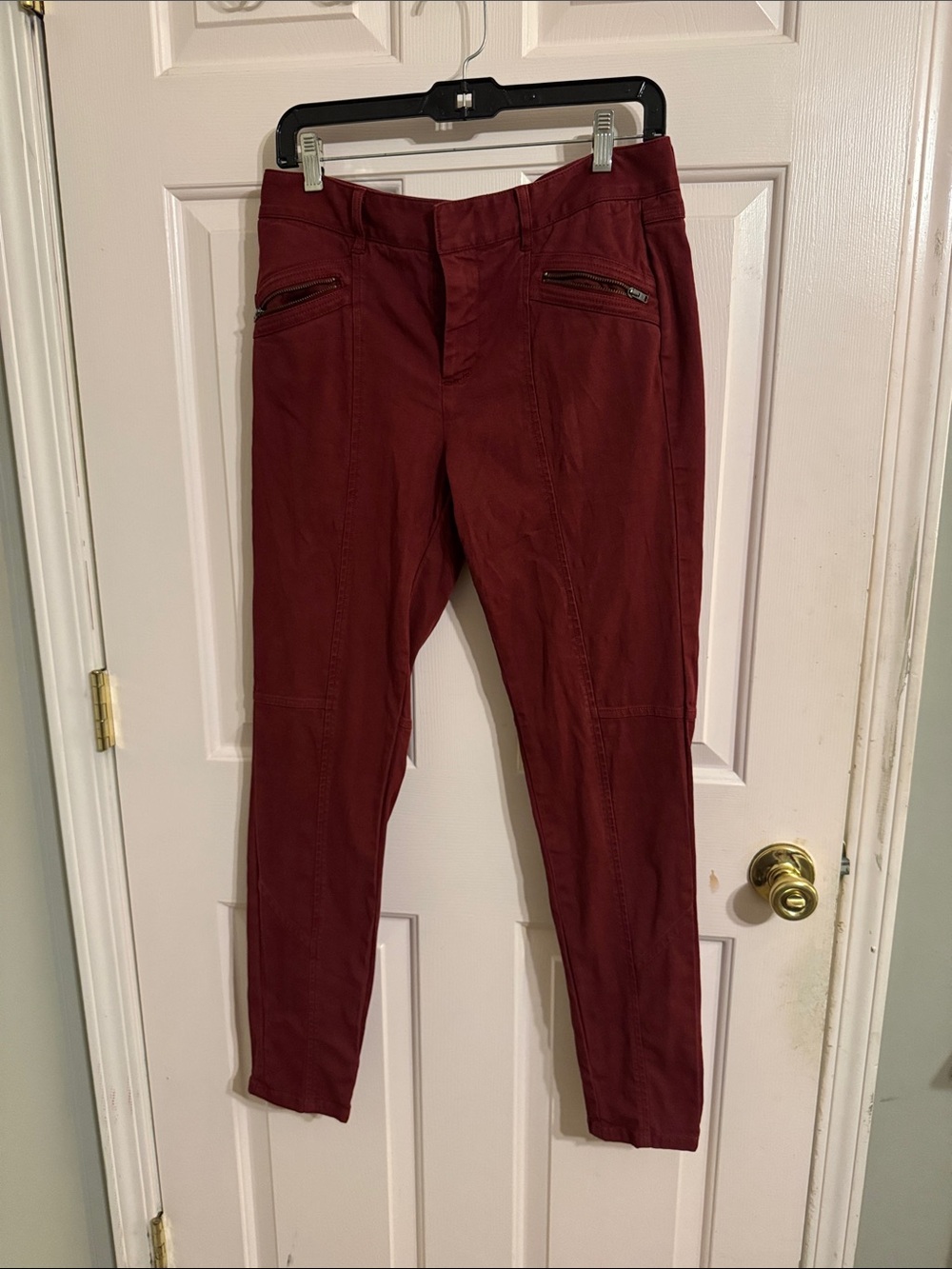 ecru Burgundy Skinny Jeans with Zip Pocket Accents